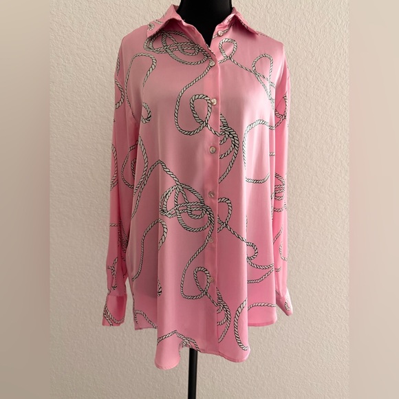 Zara Tops - ZARA Satin Pink Rope & Chain Print Button Down Shirt | Nautical Chic